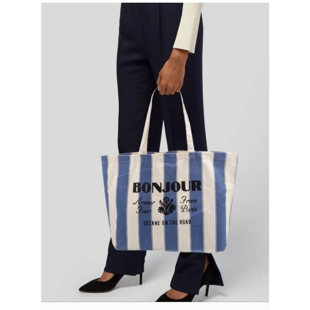 Sezane On The Road Bonjour Paris Striped Canvas Tote Bag Blue White Large